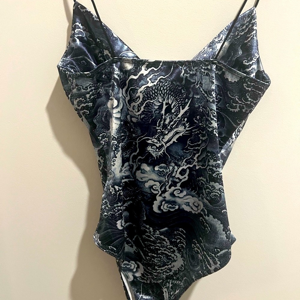 NWOT Bear Dance Cowl Neck, Dragon Print Satin Bodysuit - Picture 9 of 11